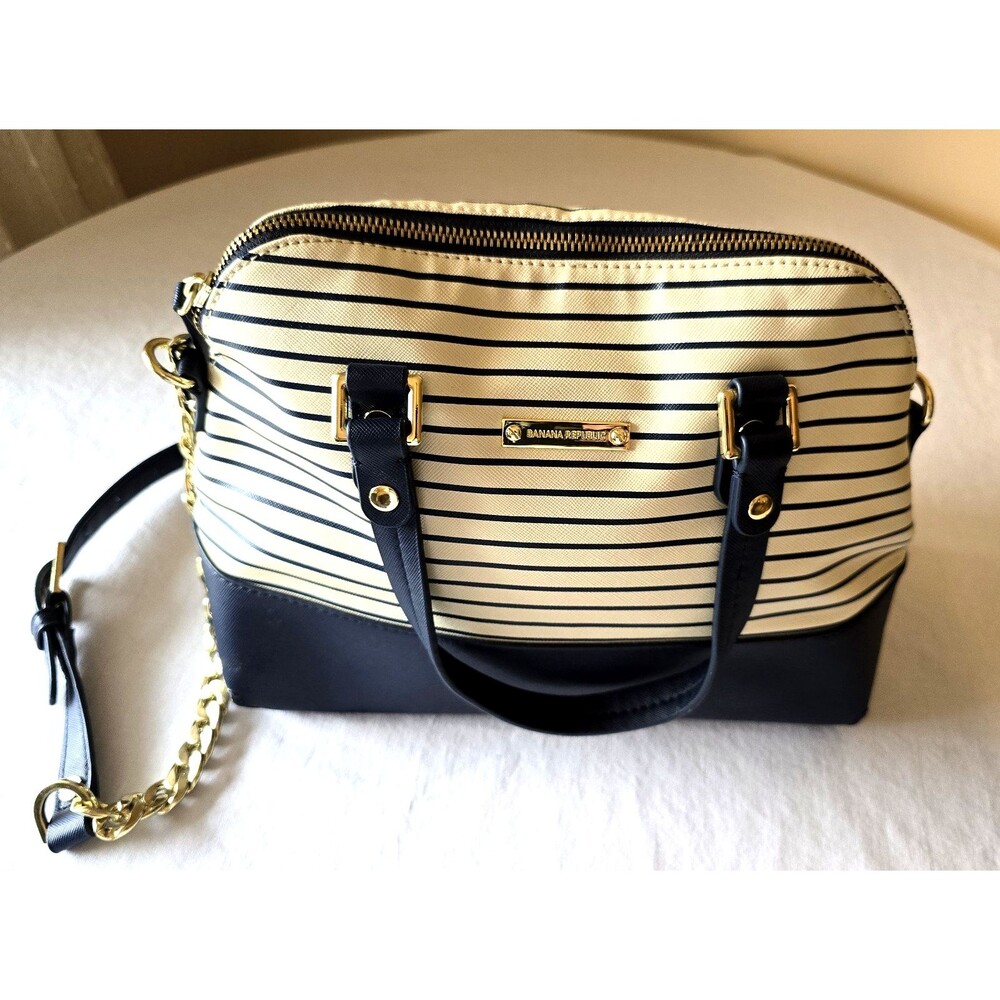 Banana Republic Shoulder Bag Purse Dbl Handle Beige & Navy Striped Nautical Chic